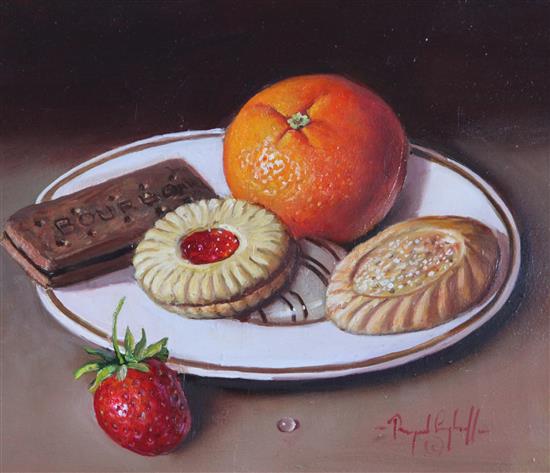 Raymond Campbell (20th C.) Orange and biscuits on a plate, 6.25 x 7.5in.